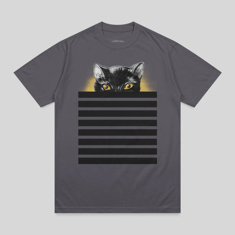 Gray t-shirt with black stripes and a black cat peeking over them.