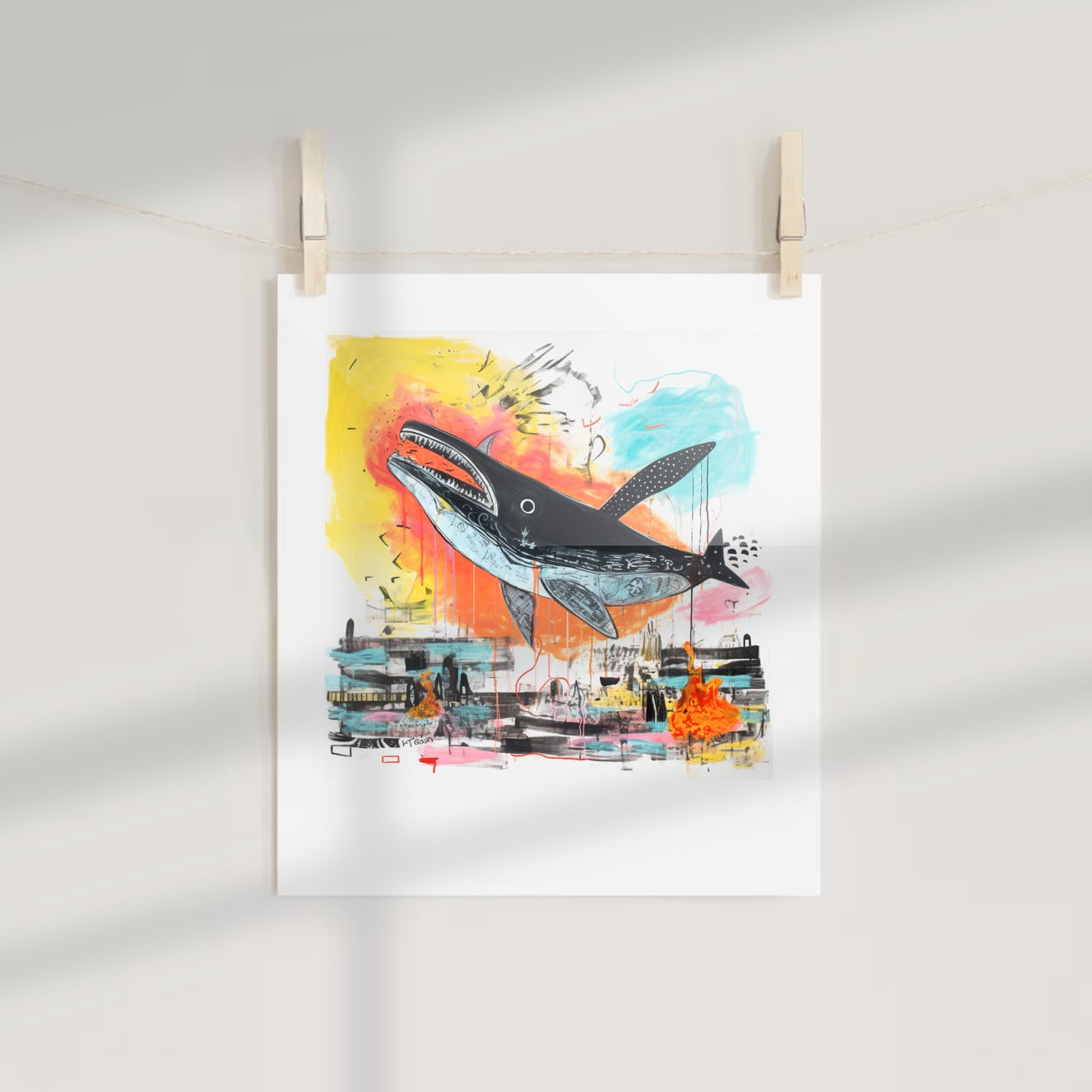 Colorful Whale Art with Cityscape Background Print