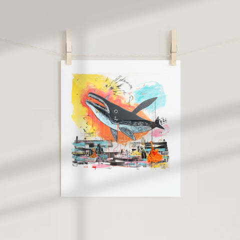 Colorful Whale Art with Cityscape Background Print