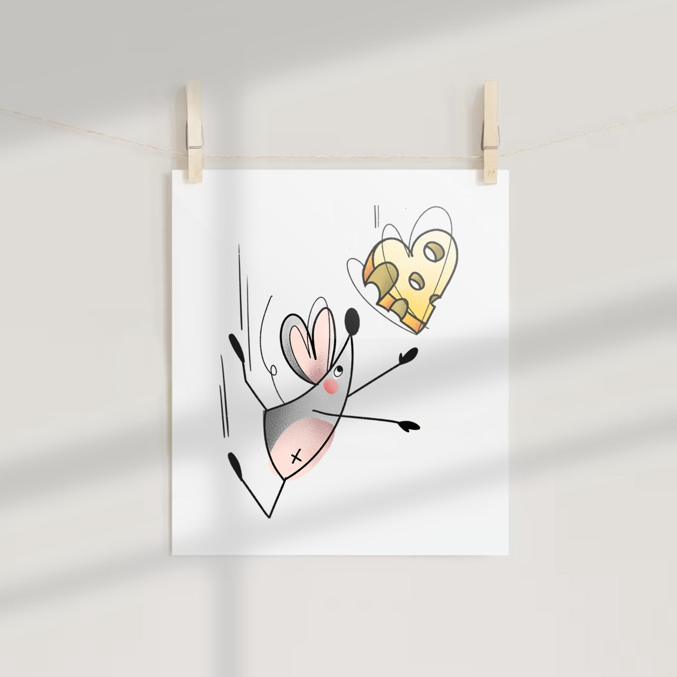 Playful Mouse Chasing Cheese Art Print Illustration