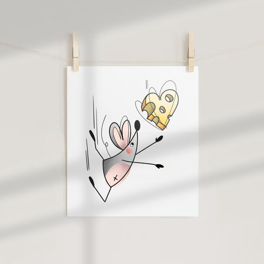 Playful Mouse Chasing Cheese Art Print Illustration