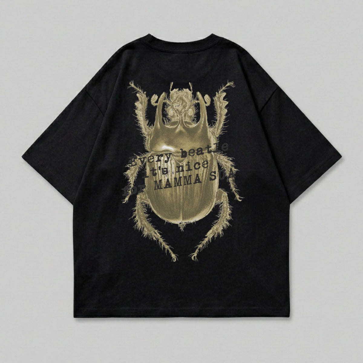 Black t-shirt with gold beetle graphic and text "every beetle it's nice mammas".