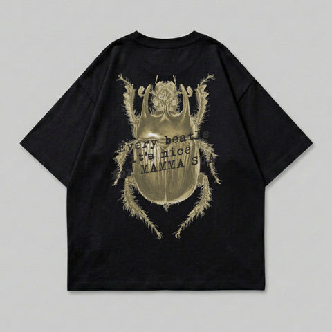 Black t-shirt with gold beetle graphic and text "every beetle it's nice mammas".