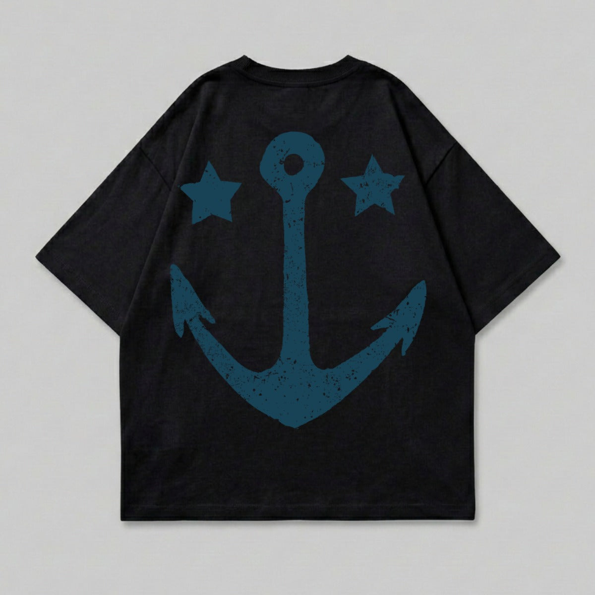 Black t-shirt with teal distressed anchor and two stars graphic on back.