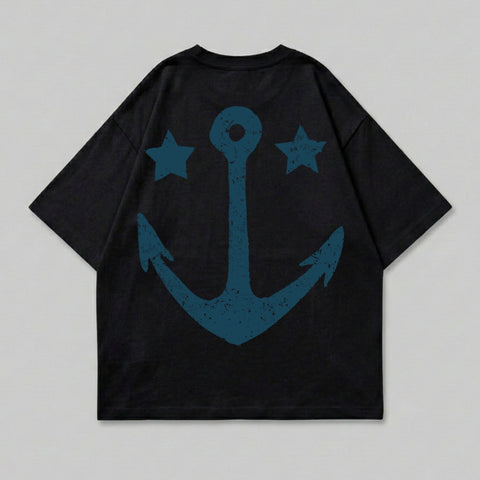 Black t-shirt with teal distressed anchor and two stars graphic on back.