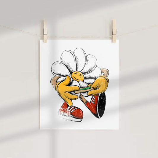 Cartoon Flower Character Smoking Print Poster
