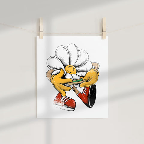 Cartoon Flower Character Smoking Print Poster