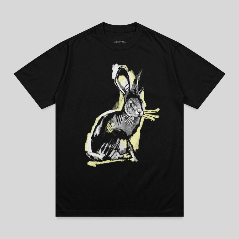 Black t-shirt with yellow and grey graphic of a rabbit.