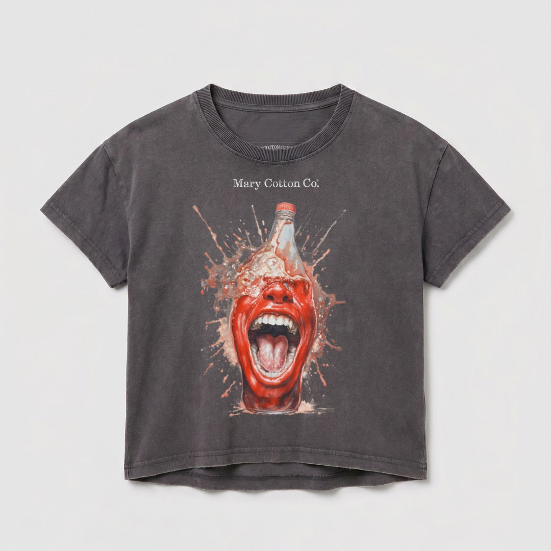 Dark grey t-shirt with a graphic of a screaming mouth and a red bottle exploding.