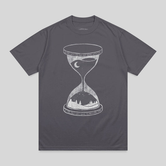 Dark grey t-shirt with hourglass and moon design, featuring text.