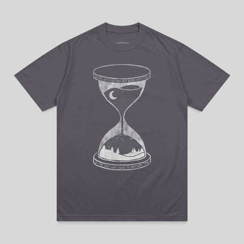 Dark grey t-shirt with hourglass and moon design, featuring text.