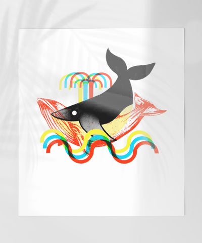 Vibrant Rainbow Whale and Fish with Abstract Waves Print