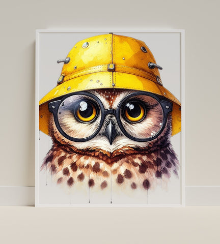 Whimsical Owl Art with Yellow Rain Hat Wall Décor