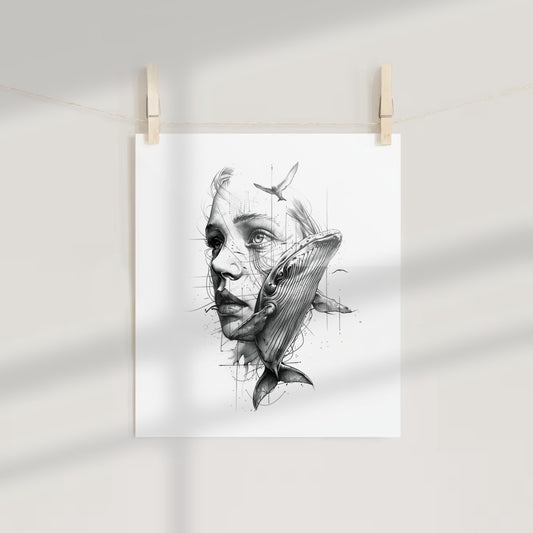 Woman and Whale Abstract Artistic Poster Print