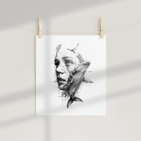 Woman and Whale Abstract Artistic Poster Print