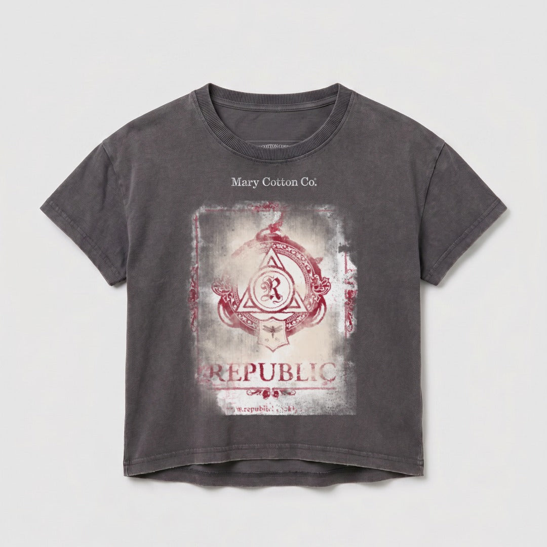 Gray cropped t-shirt with "Mary Cotton Co." and a red emblem with "REPUBLIC" text.