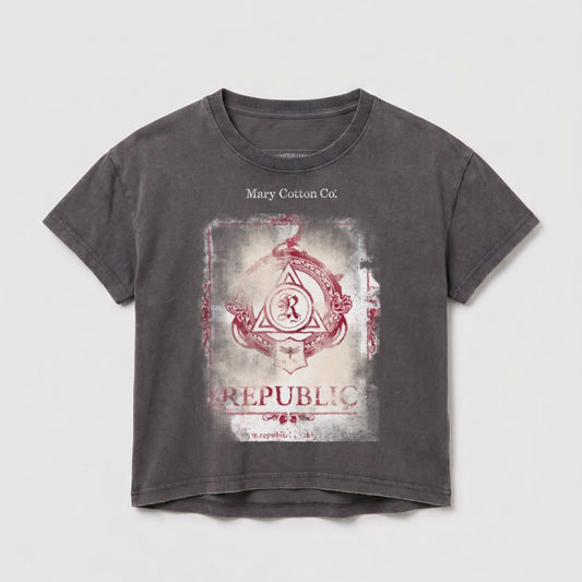 Gray cropped t-shirt with "Mary Cotton Co." and a red emblem with "REPUBLIC" text.