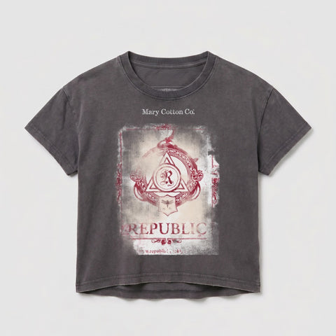 Gray cropped t-shirt with "Mary Cotton Co." and a red emblem with "REPUBLIC" text.