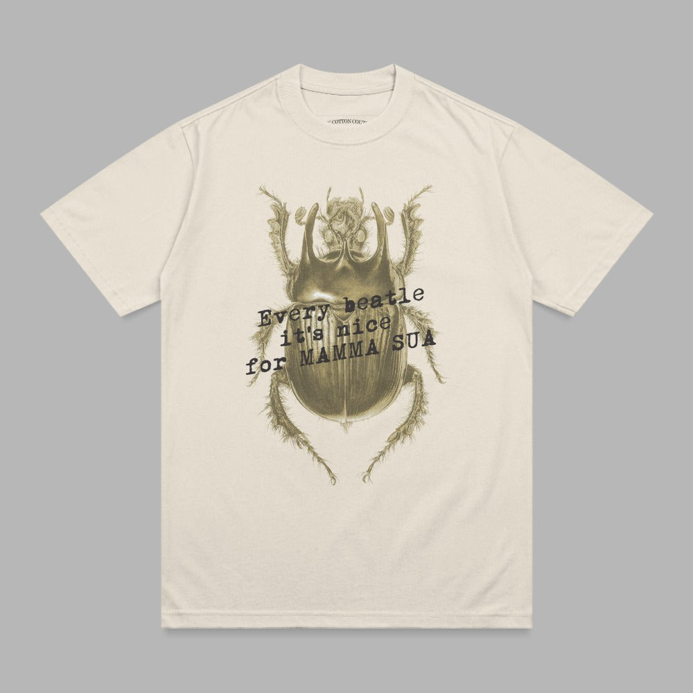 Cream t-shirt with illustration of a beetle and text: "Every beetle it's nice for Mamma Sua".