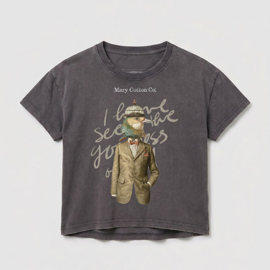T-shirt with graphic of a bird in a suit, "Mary Cotton Co." text.
