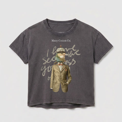 T-shirt with graphic of a bird in a suit, "Mary Cotton Co." text.