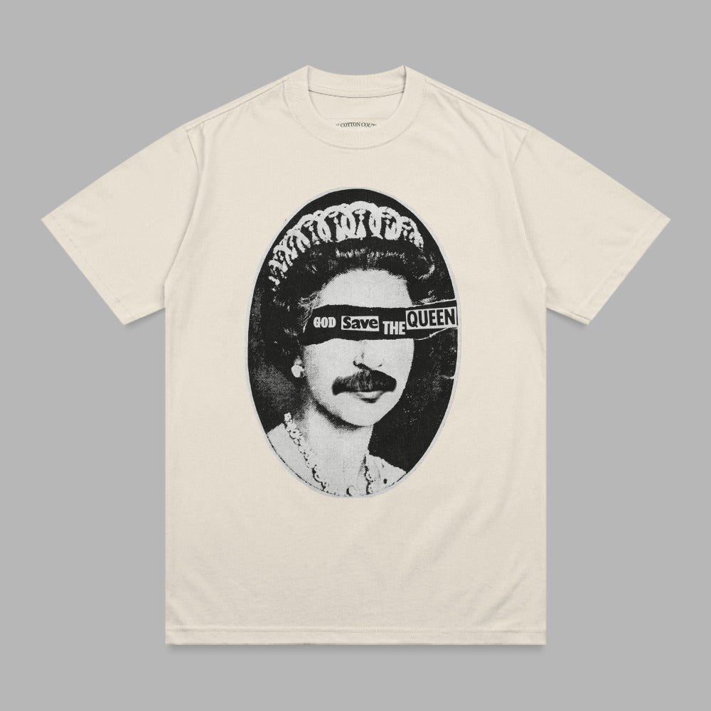 Cream t-shirt with a black and white graphic of Queen Elizabeth II wearing a mustache and tiara.