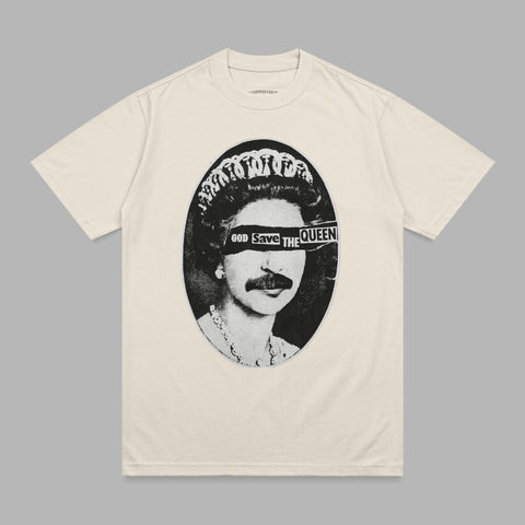 Cream t-shirt with a black and white graphic of Queen Elizabeth II wearing a mustache and tiara.