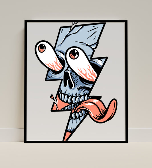 Colorful Skull with Lightning Bolt Cartoon Art Poster