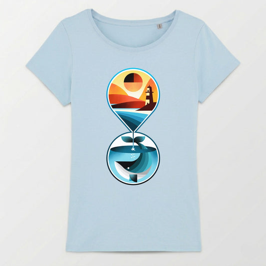Light blue t-shirt with abstract whale and lighthouse design.
