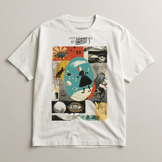 White t-shirt with "STEFANOBENIGNI 01 LIMITED 3" and surreal collage art.