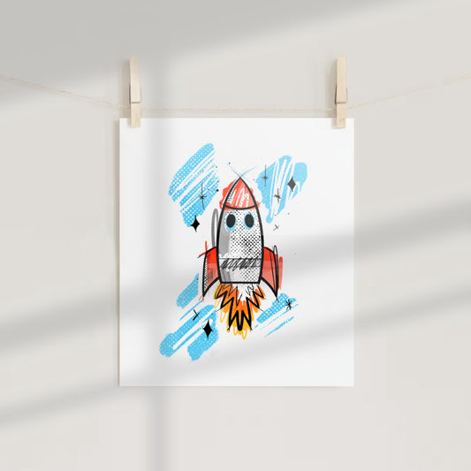 Hand-Drawn Rocket Art Print for Kids' Room Decor