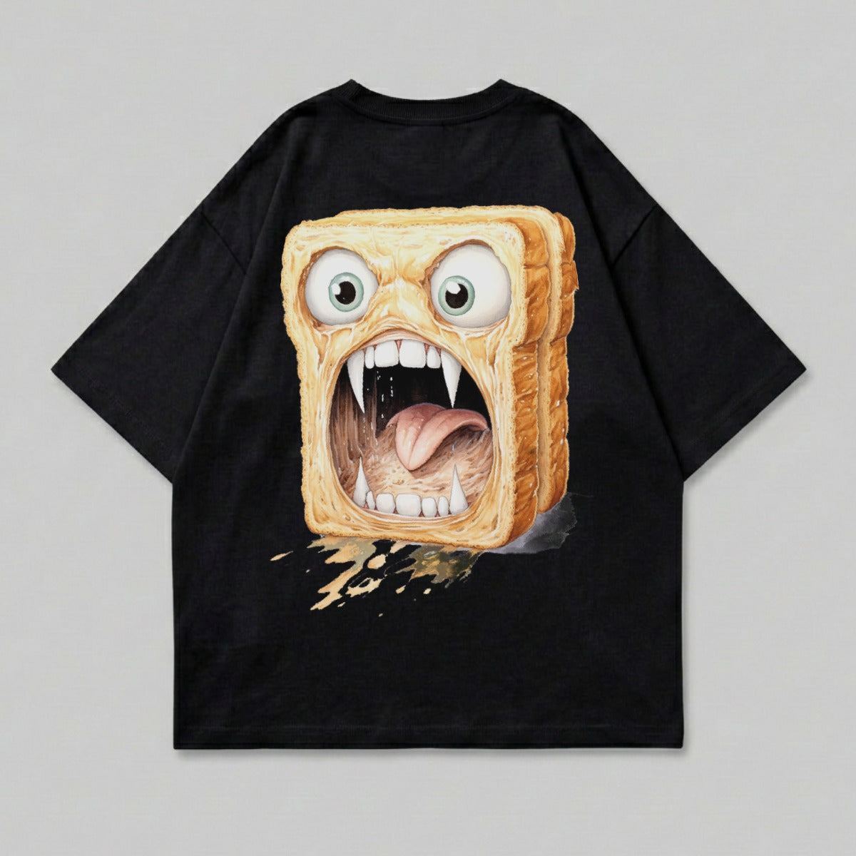 Black t-shirt with a cartoon toast character screaming.