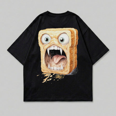 Black t-shirt with a cartoon toast character screaming.