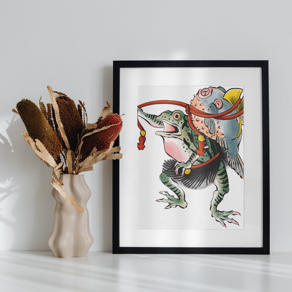 Traditional Japanese Frog and Fish Tattoo Art Print
