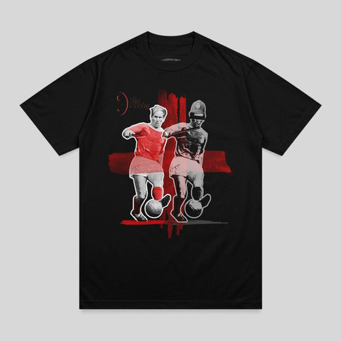 Black t-shirt featuring graphic of two soccer players in front of a red cross.