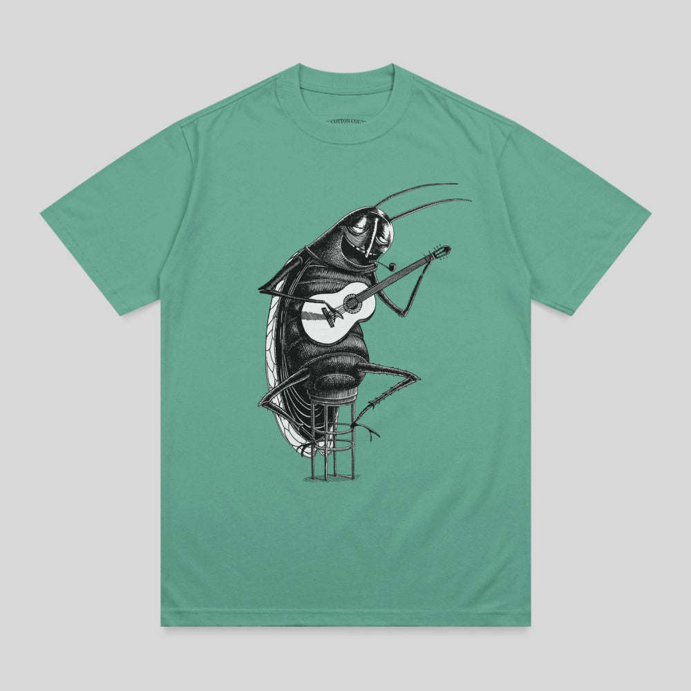Illustration of a cockroach playing guitar and smoking a pipe on a stool.