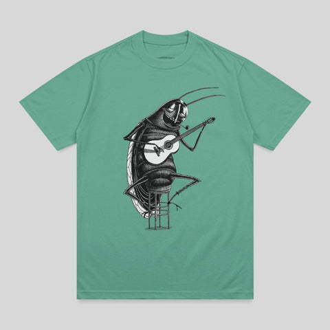 Illustration of a cockroach playing guitar and smoking a pipe on a stool.