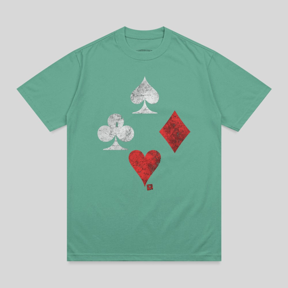Teal t-shirt with distressed playing card suits: spade, club, diamond, and heart.