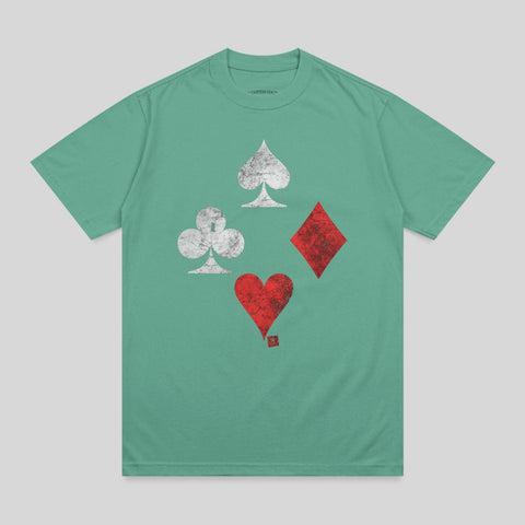 Teal t-shirt with distressed playing card suits: spade, club, diamond, and heart.