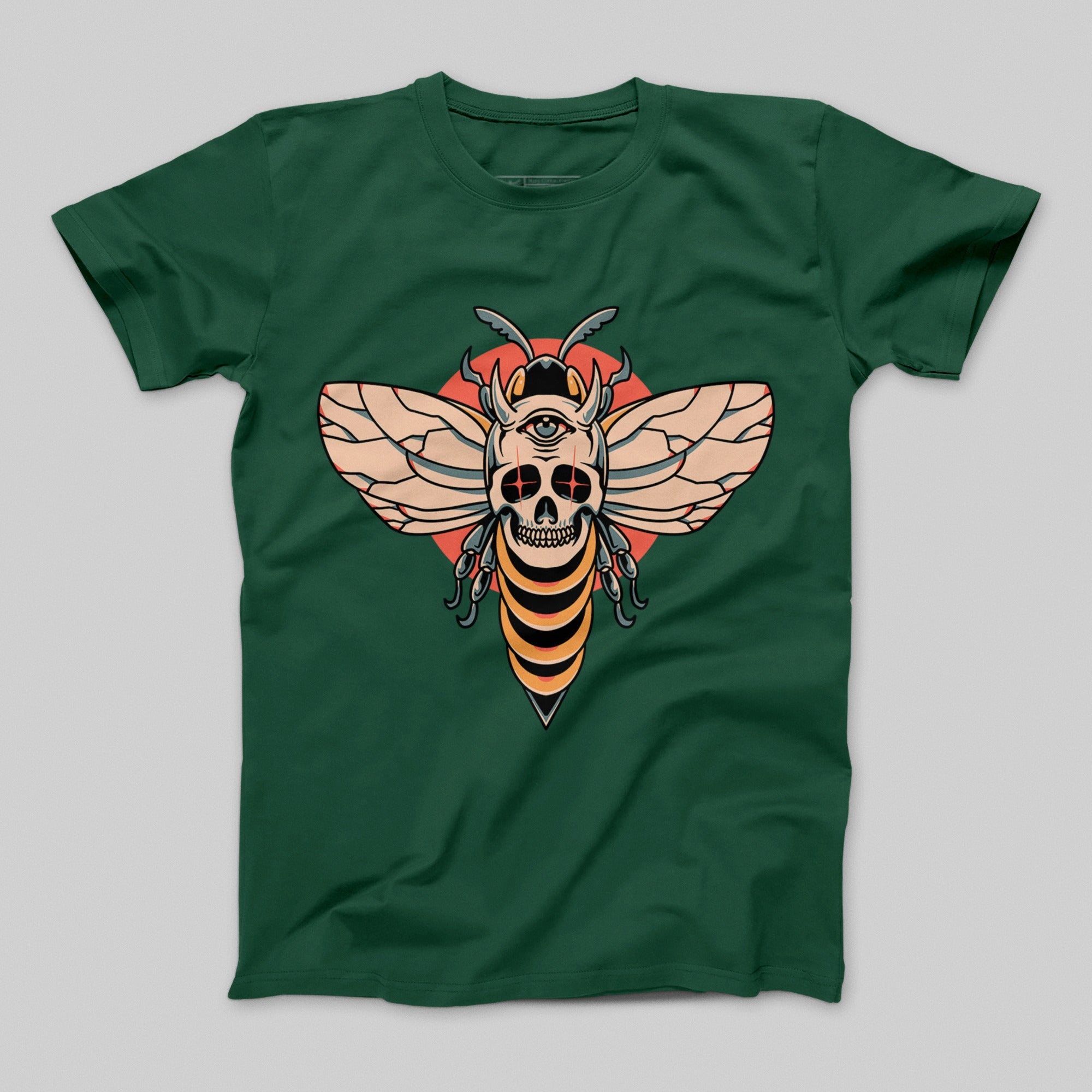 Eye-catching Skull Bee Motif Green T-shirt Product
