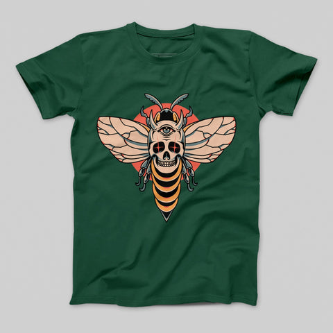 Eye-catching Skull Bee Motif Green T-shirt Product