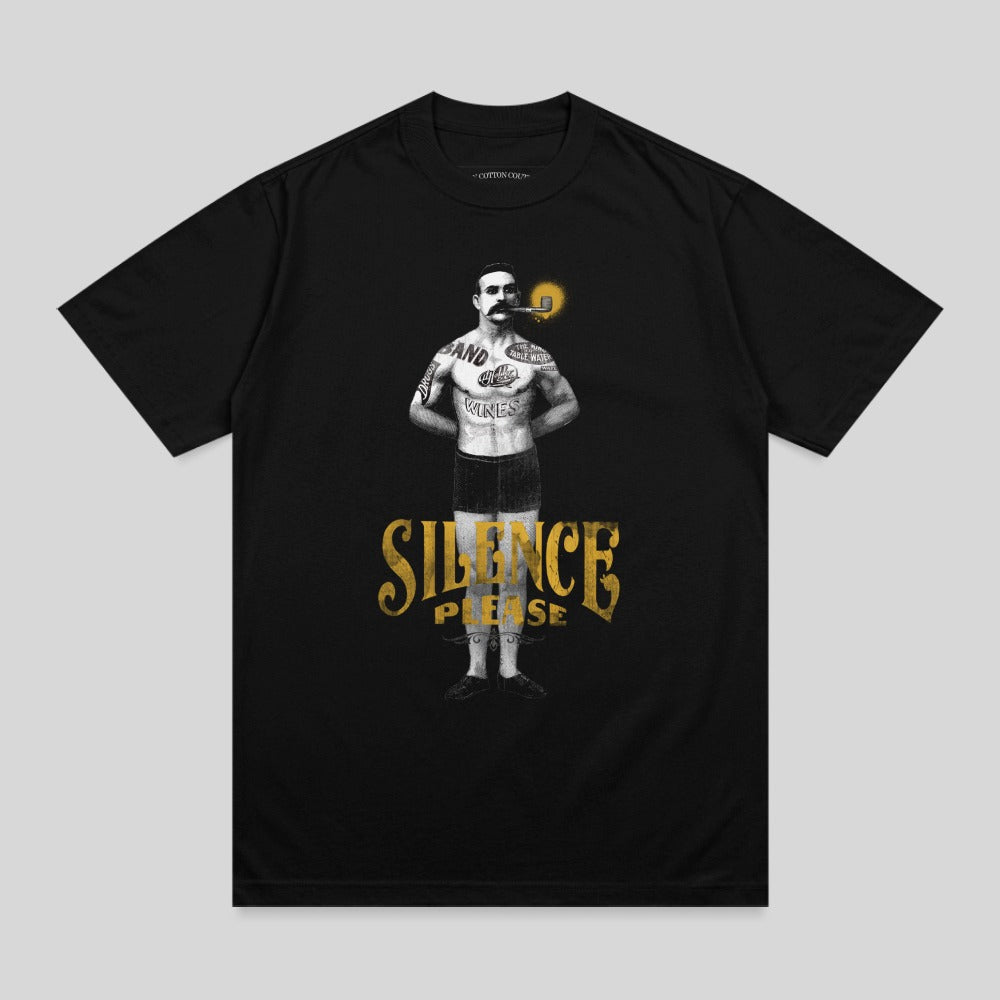 Black t-shirt with man smoking and "SILENCE PLEASE" text.