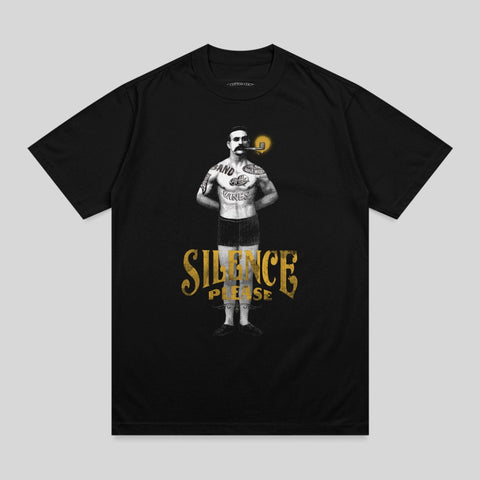 Black t-shirt with man smoking and "SILENCE PLEASE" text.