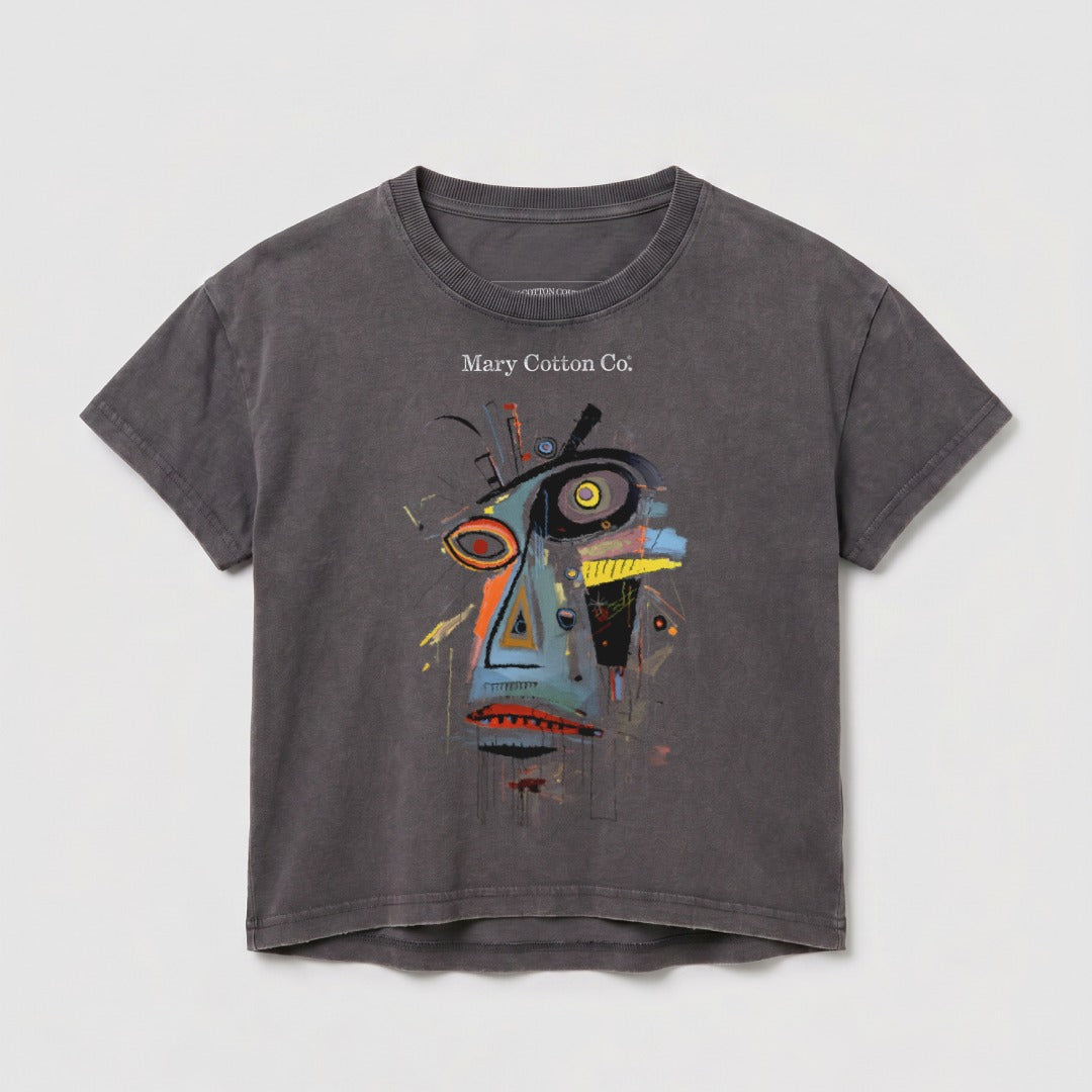 Dark grey t-shirt with abstract colorful face graphic and "Mary Cotton Co." text.