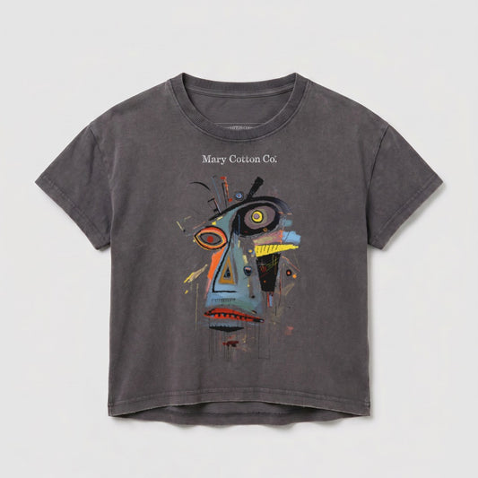 Dark grey t-shirt with abstract colorful face graphic and "Mary Cotton Co." text.