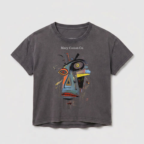 Dark grey t-shirt with abstract colorful face graphic and "Mary Cotton Co." text.