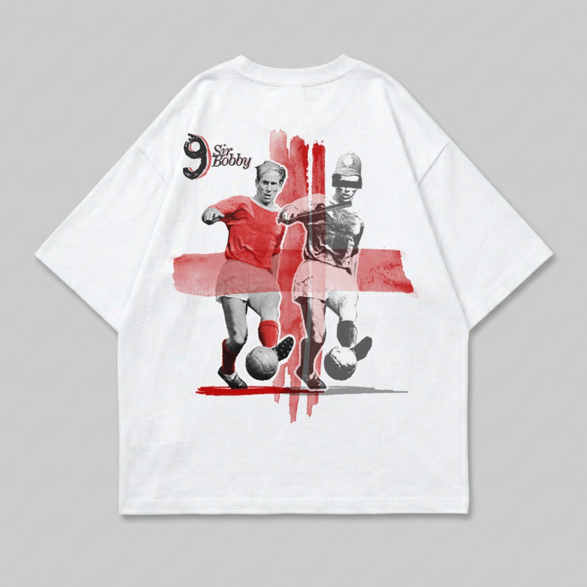 White t-shirt with graphic of two footballers and "Sir Bobby" text.