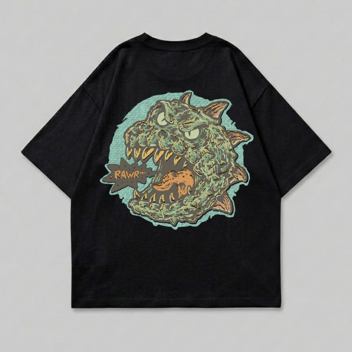 Green Spiky Monster Head RAWR Creature Black Tshirt product type