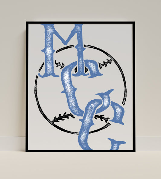 Blue Monogram Art Print with Decorative Elements