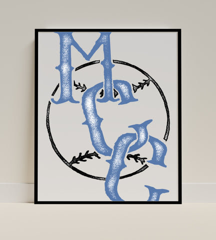 Blue Monogram Art Print with Decorative Elements